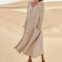 Ženske modne ljetne haljine za dame Leisure casual solid pamučna latna Sundress Dugi rukav s džepnim maxi haljinama