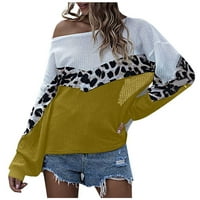 Holloyiver Women Pleted Crop Tops Žene modno labavo spajanje leoparda print dugi rukavi pleteni vrhovi pulover