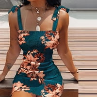 Amousa ljetni modni cvjetni print vezani detalji Frill Hem Shirred mini haljina za žene