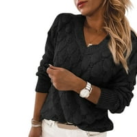 Ženski Jednobojni pleteni pulover s uzorkom perja, džemper s izrezom u obliku slova U i dugim rukavima