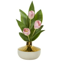 Gotovo prirodnih 18 inča. Umjetni aranžman tulipana u elegantnoj vazi u zlatnoj i krem boji