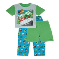 Minecraft Boys Super mekani vrh kratkih rukava, duge hlače i kratke hlače, 3-komadiće pidžame veličine 6-12