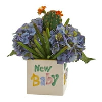 13in. Umjetni aranžman hidrangea i kaktusa u nova beba vaza