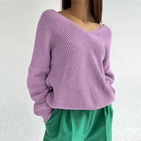 Ženski jesensko-zimski jednobojni pleteni džemper s izrezom u obliku slova U i dugim rukavima