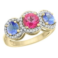 14k žuto zlato, prirodni ružičasti topaz i tanzanit sa strane, okrugli prsten od 3 kamena, dijamantni umetci,