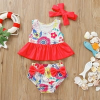 Malinjak Summer Girl's Swimssuit Bowknot cvjetni print ruffles dva bikinija kupaćih kostima s trakama za glavu
