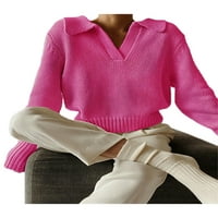 Canrulo Žene casual pulover od solidne boje ovratnik V-izrez dugi rukavi pleteni polo pulover Jumper Top Rose