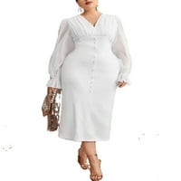 Ženske elegantne obične bijele V vrat opremljene dugim rukavima plus haljine veličine