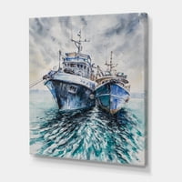 Plavi ribolovni brodovi prije oluje usidrene slikarske platnene umjetničke tisak