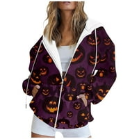 Tking Fashion Women Casual Halloween Tiskana dukserica Dugi rukav s džepnom kardiganskom jaknom Zip kapuljač