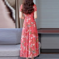 Ljetne haljine za žene s okruglim vratom s cvjetnim printom duga haljina kratkih rukava pametna ležerna haljina
