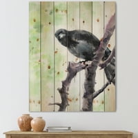DesignArt 'znatiželjna vrana sjedi na grani' tradicionalni otisak na prirodnom borovom drvetu