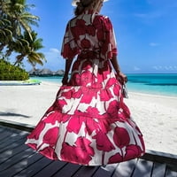 Ženske haljine casual midi dužina modna boemska v-izreka labav tisak s kratkim rukavima na plaži dužine gležnjača+remen