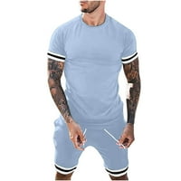 Muški kratki kompleti odjeća Muška ležerna obična majica s okruglim vratom bluza kratkih rukava i hlače svijetloplavi