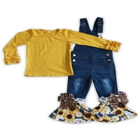 Malini djevojački djeci odjeća odjeća ruffle žuta pamučna košulja vrhovi+traperice kombinezoni set Suncokret Boutique