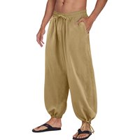 Teretne hlače za muškarce, muške modne Ležerne jednobojne hlače od pamuka i lana na vezanje, Harem hlače, kaki