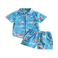 Coduop Kids Boys Boho Beach Outfit Set Tropical Print majica s gumbom kratkih rukava + kratke hlače set