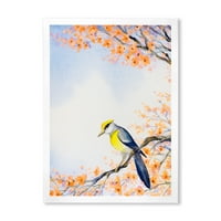 Prekrasna plava ptica koja sjedi na cvjetanoj grani II uokvirena slikanje platna umjetnički tisak