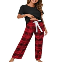 Ženski pidžama Set, gornji dio kratkih rukava i karirane hlače s džepovima, udobna široka Pidžama, Odjeća za spavanje