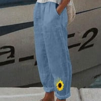 Jesenski stilovi bez velikih troškova, široke hlače od pamuka i lana s džepnim printom, ženske nebeskoplave hlače