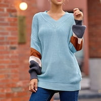 Džemper za žene, Ženska Moda, izrez u obliku slova u, prugasti rukavi, vrhovi u boji, preveliki pleteni džemper
